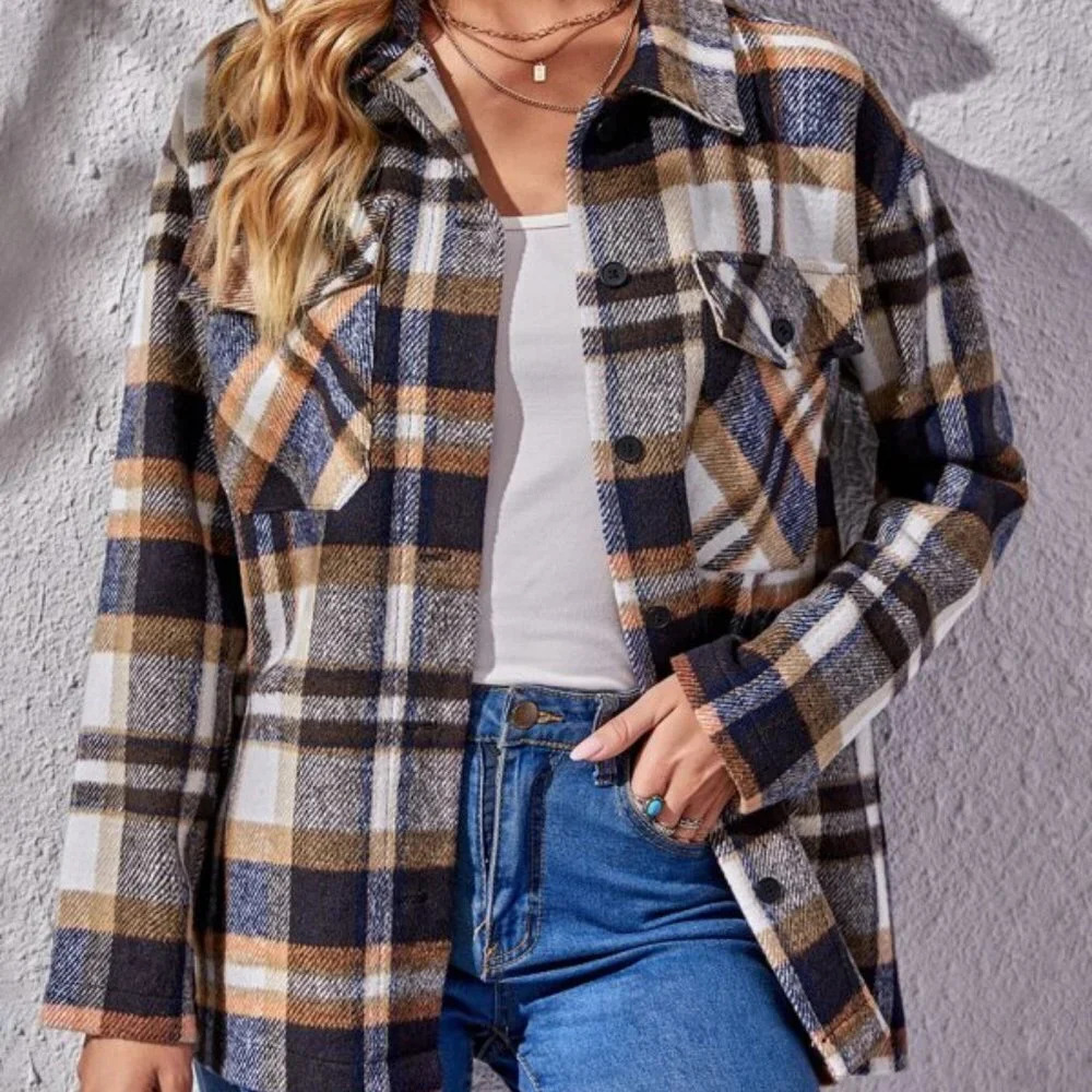 BTFBM Boutique NEW Plaid Flap Pocket Drop Shoulder Open Front Shacket Size S - Picture 1 of 10